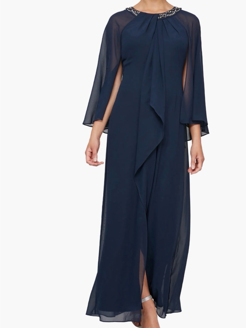 SLNY Illusion Cape Long Dress Formal Evening Gown Color Navy  Size:16